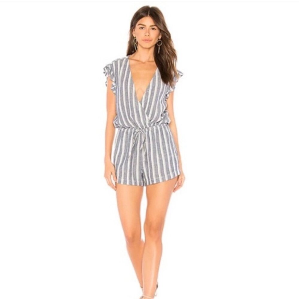 Bella Dahl Blue White Striped Ruffle Sleeve Romper V-Neck Medium - Picture 3 of 10